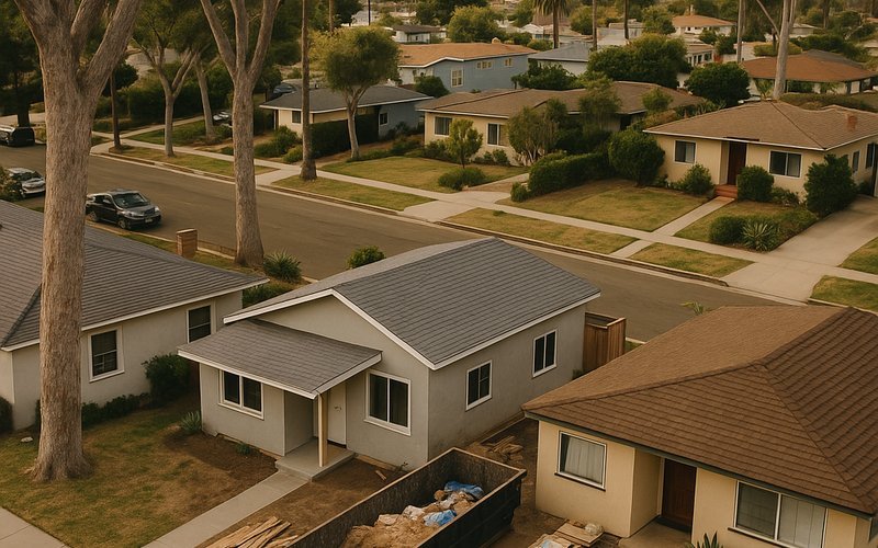 San Diego neighborhood street showing a home undergoing a whole home remodel with construction materials in the driveway