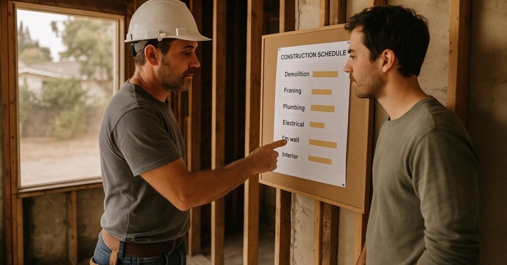 Contractor and homeowner reviewing a whole home remodel timeline schedule inside a San Diego house under renovation