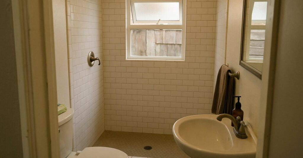 Compact remodeled bathroom with curbless shower in an Imperial Beach beach cottage
