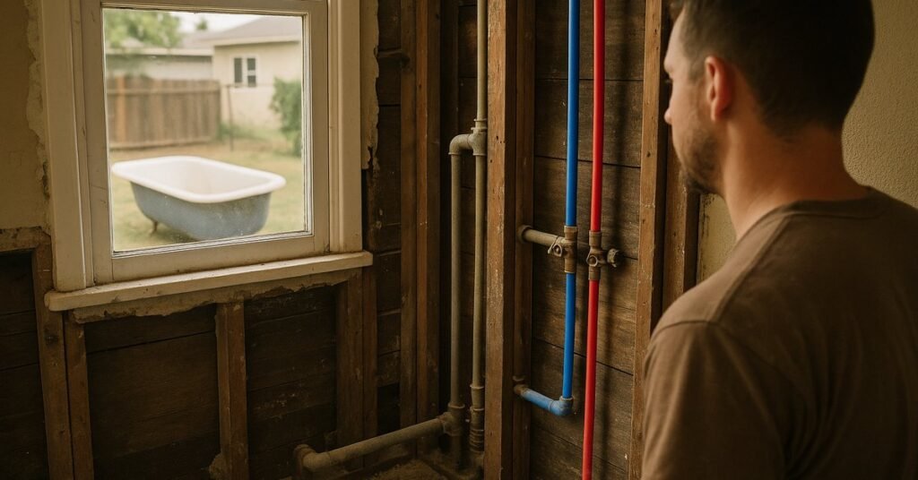 Bathroom stripped to the studs in a 1950s Lemon Grove home showing old and new plumbing