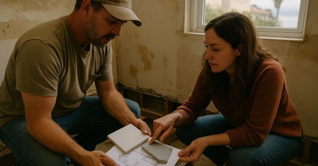 Contractor and homeowner reviewing bathroom remodel plans during a renovation project in Point Loma, San Diego