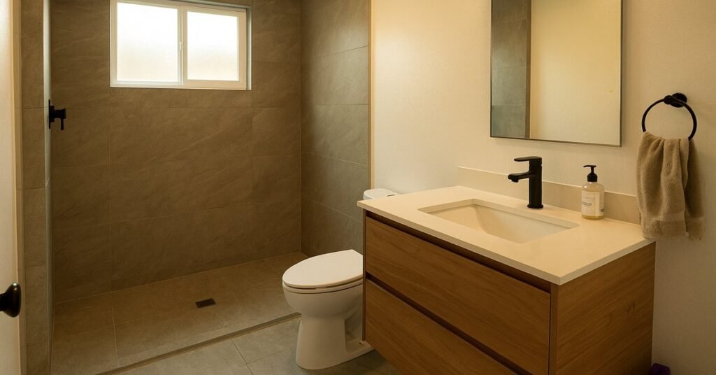 Completed bathroom remodel in a Chula Vista home with a curbless walk-in shower