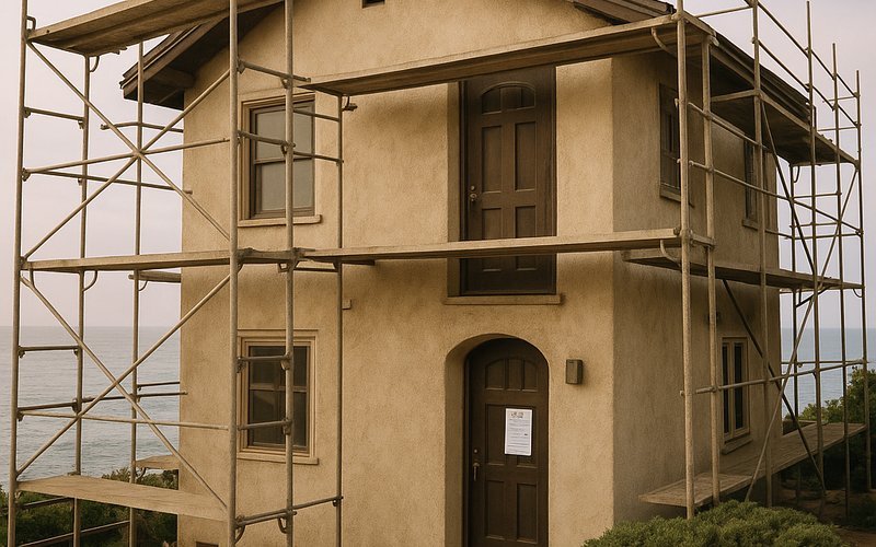 Bathroom remodel permit posted outside a coastal home in La Jolla San Diego near the Coastal Development Permit zone