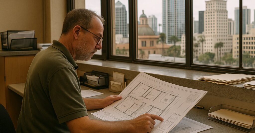 Homeowner reviewing bathroom remodel permit paperwork required by the City of San Diego before starting construction