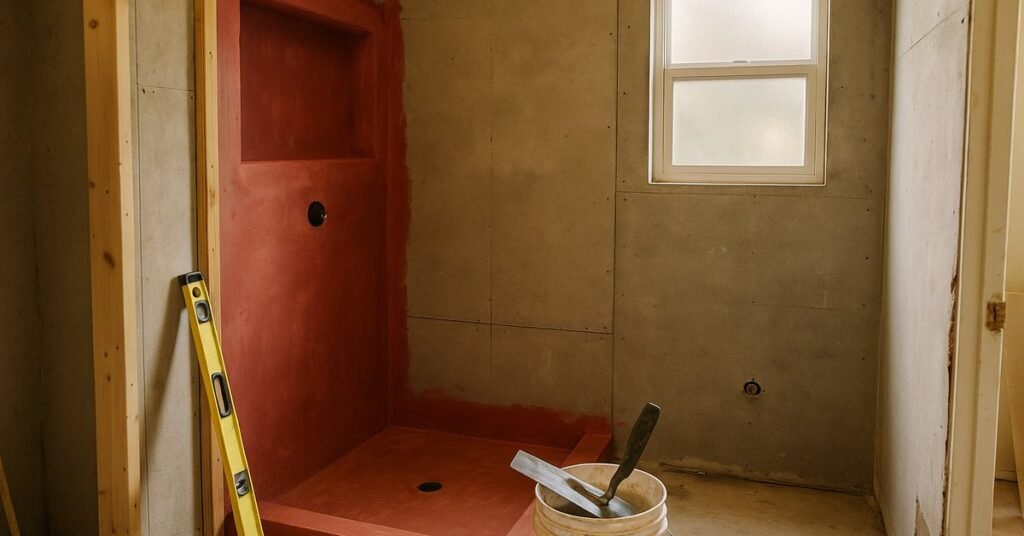 Escondido bathroom remodel showing shower waterproofing membrane applied before tile