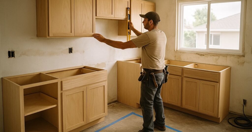 Kitchen remodel in progress in a San Diego home with cabinets installed and countertops pending
