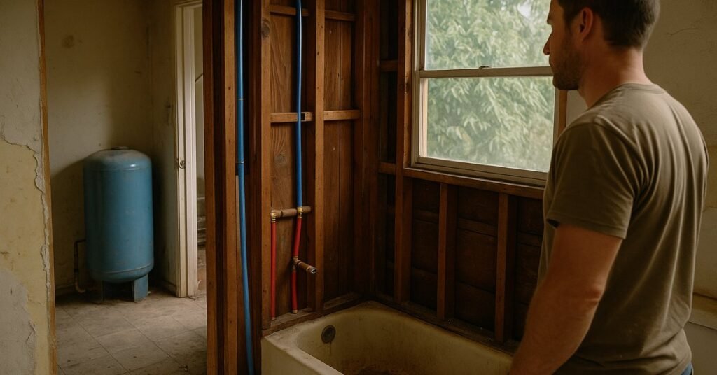 Bathroom remodel in progress in a Fallbrook ranch home with new supply lines exposed