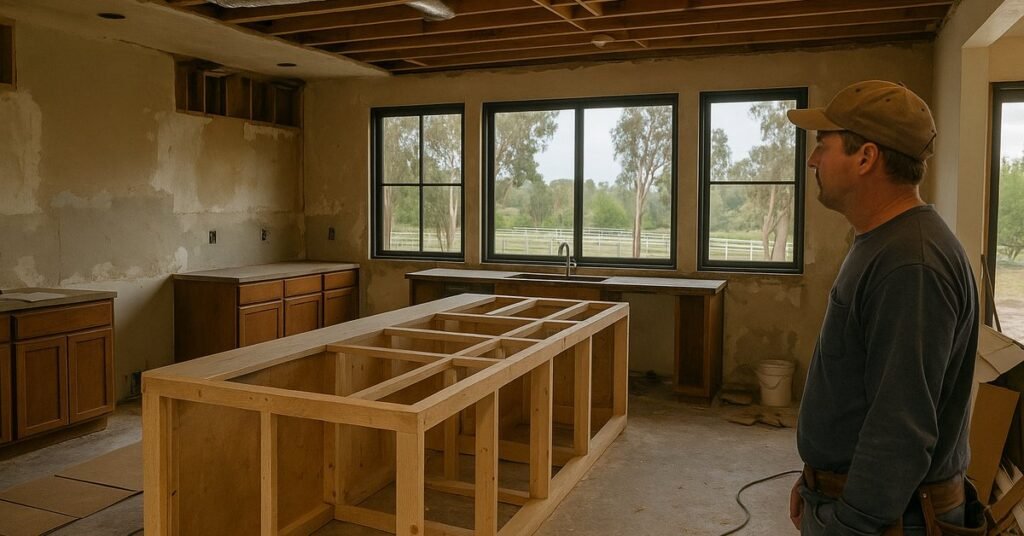 Large kitchen under remodel in a Bonita custom home with paddock visible outside