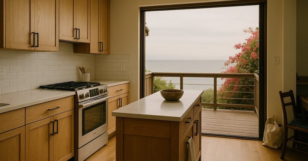 Remodeled kitchen opening onto a small deck in a Solana Beach home
