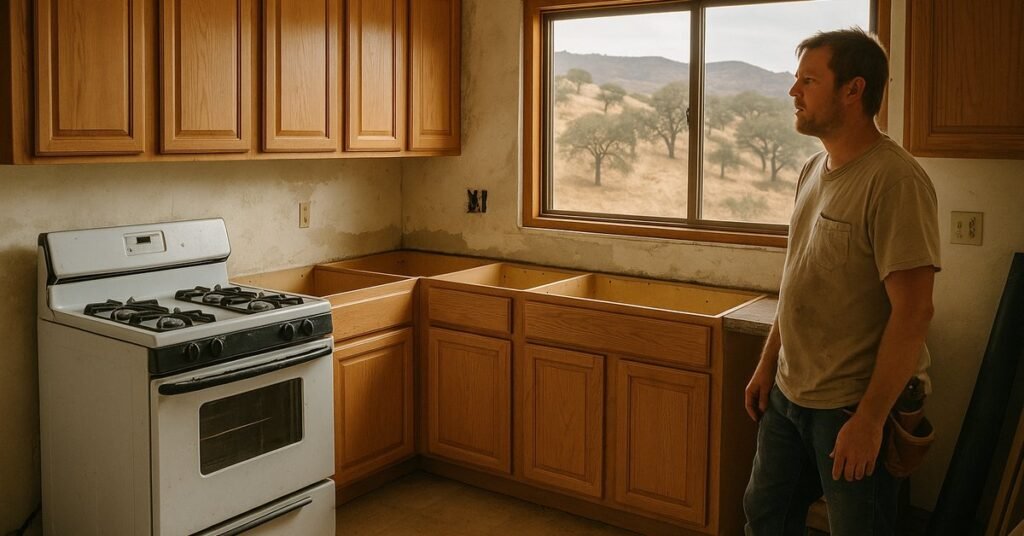 Kitchen remodel in progress in a Valley Center ranch house with hills visible outside
