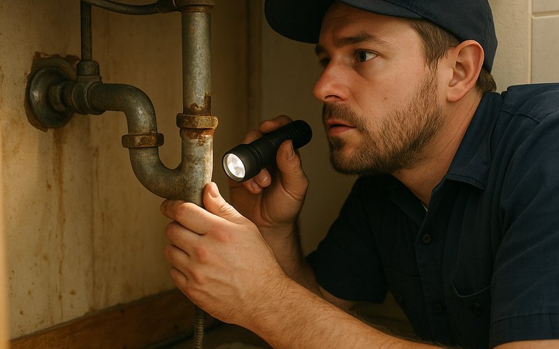 Plumber inspecting corroded galvanized pipes during a bathroom remodel in an older Point Loma, San Diego home