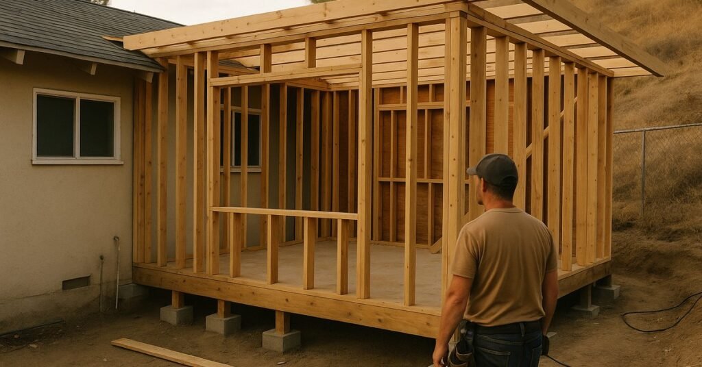 Room addition being framed on a sloping lot behind a Spring Valley home