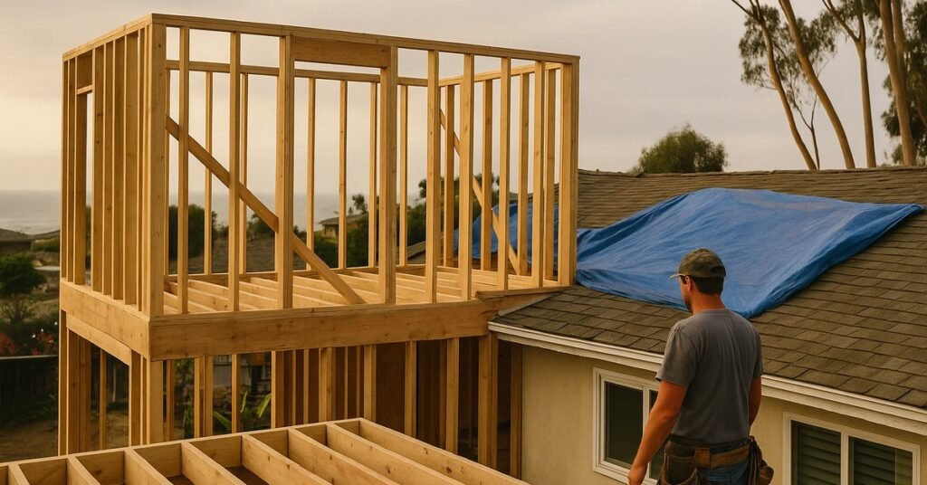 Second-storey addition being framed on a Solana Beach coastal home