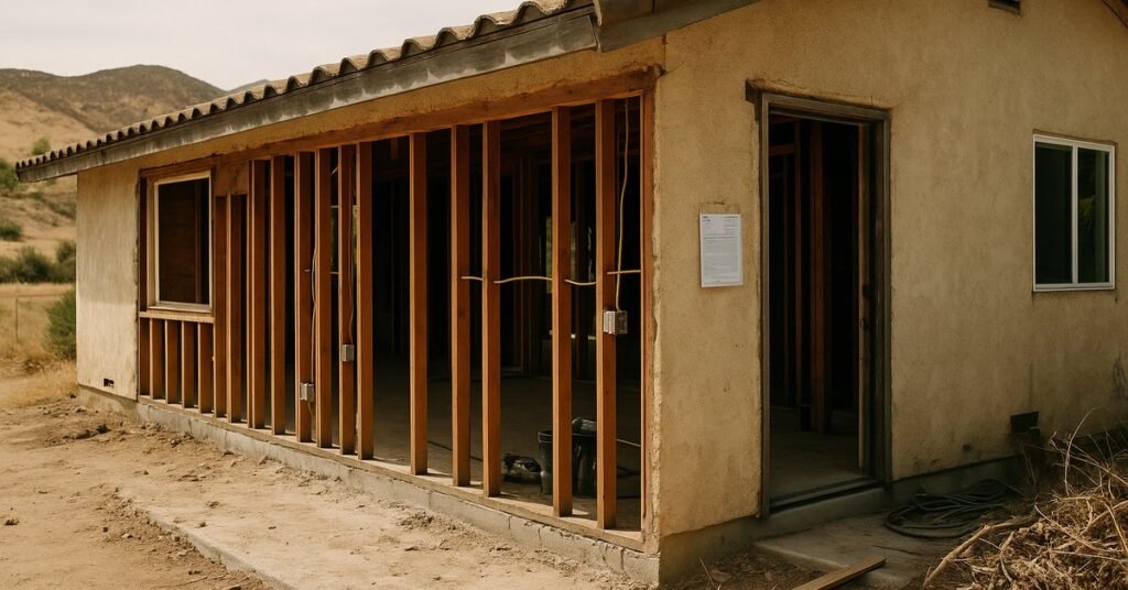 Escondido home stripped to the framing during a permitted whole-home remodel with the permit card posted by the door