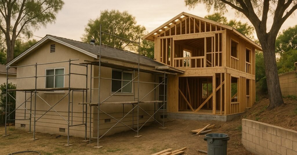 La Mesa home undergoing both a renovation and a rear room addition on a sloping lot