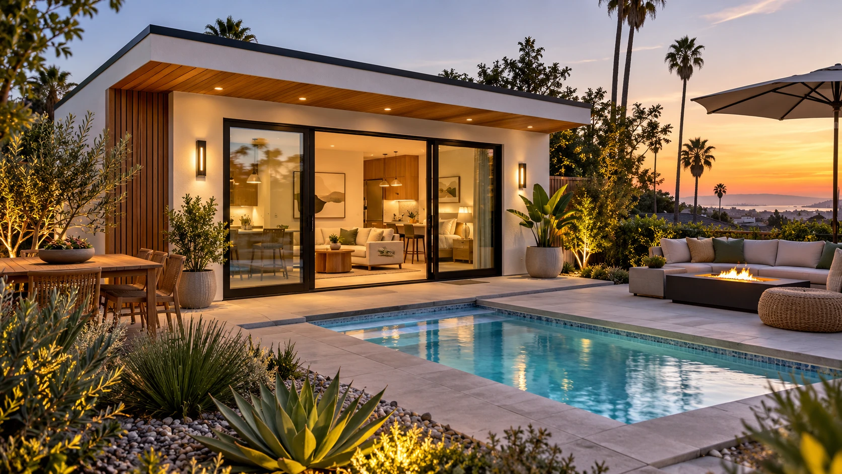 Detached backyard ADU at dusk with glass doors, a small pool and a fire pit