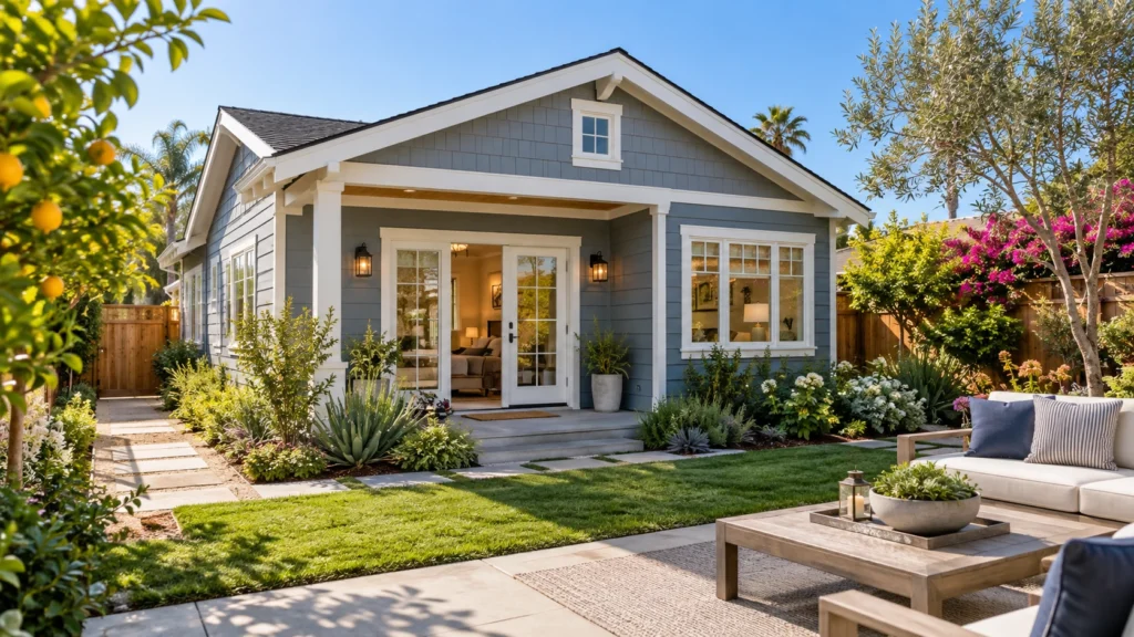 Craftsman style backyard cottage ADU with blue-gray lap siding and French doors