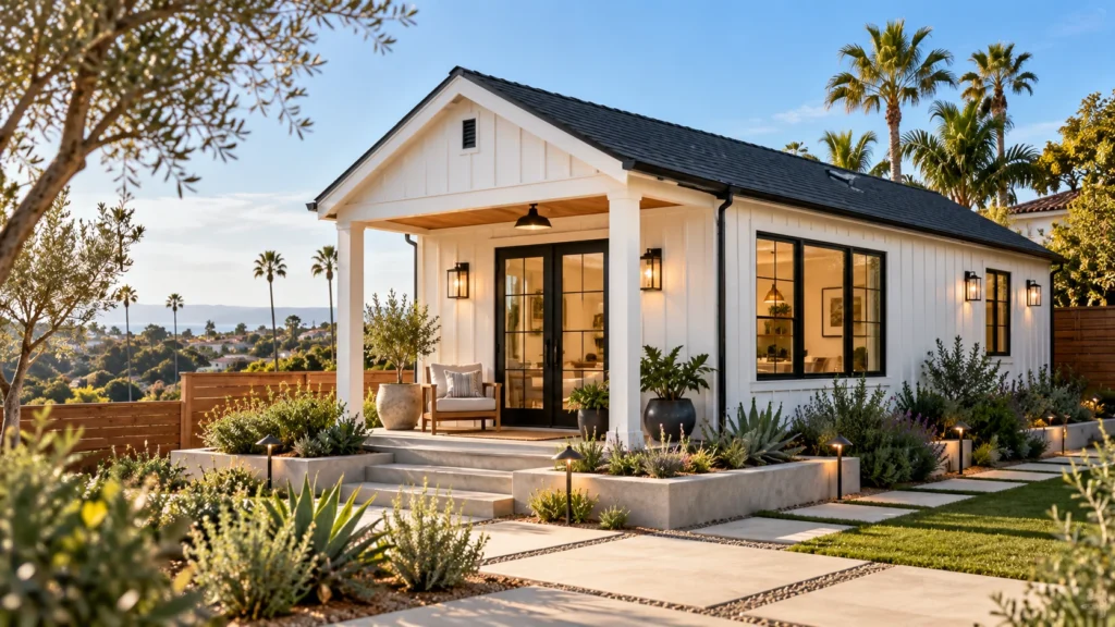 Modern farmhouse style ADU with white board and batten siding and a front porch