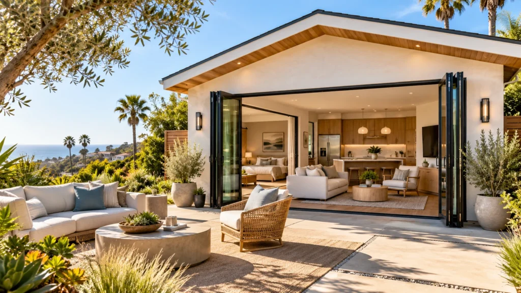 ADU with folding glass doors open to the patio, showing a bedroom, a living room and a full kitchen