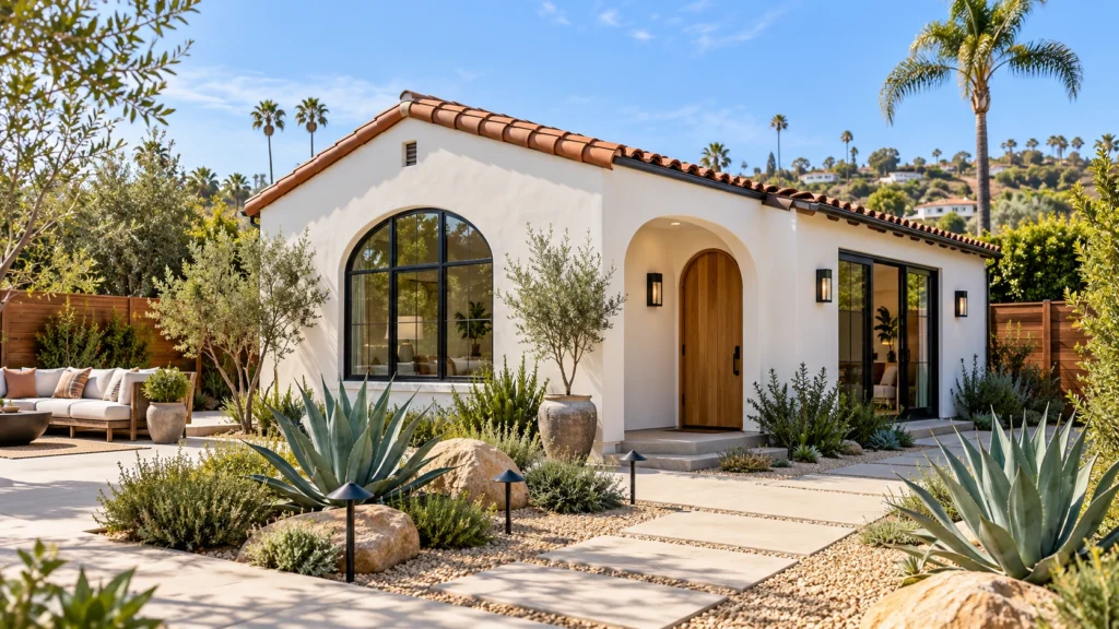 Spanish revival style ADU with a red tile roof, an arched window and a wood door